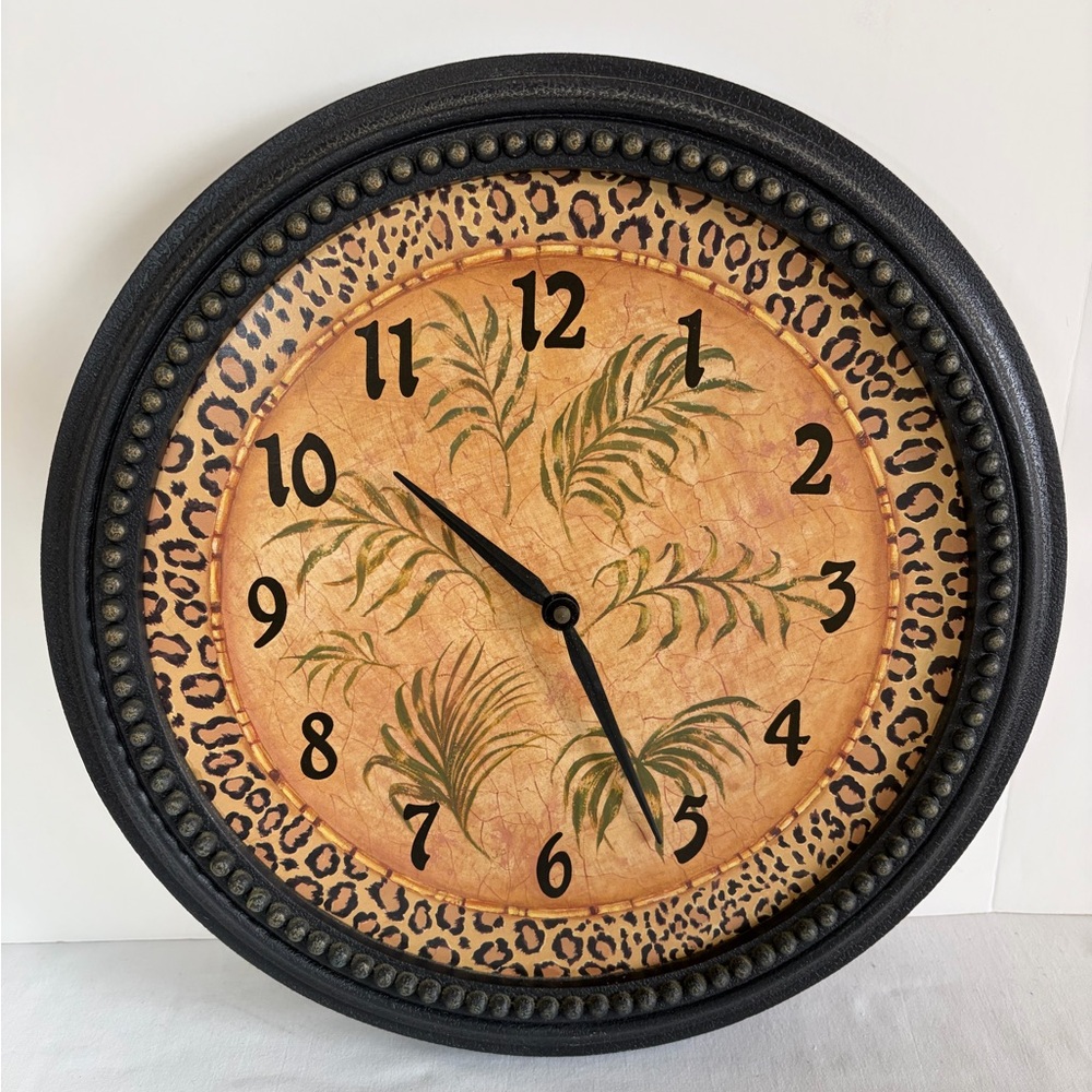 Home Interiors Wall Clock Palm Tree Leaves Cheetah Leopard Safari Jungle RARE VG - Picture 6 of 6